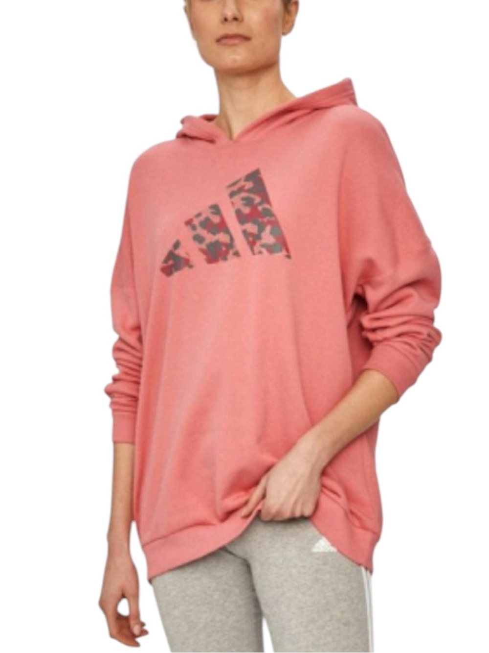 ADIDAS Dark Coral Hooded Pullover Sweatshirt with Leopard Print Logo Size M - Picture 4 of 12